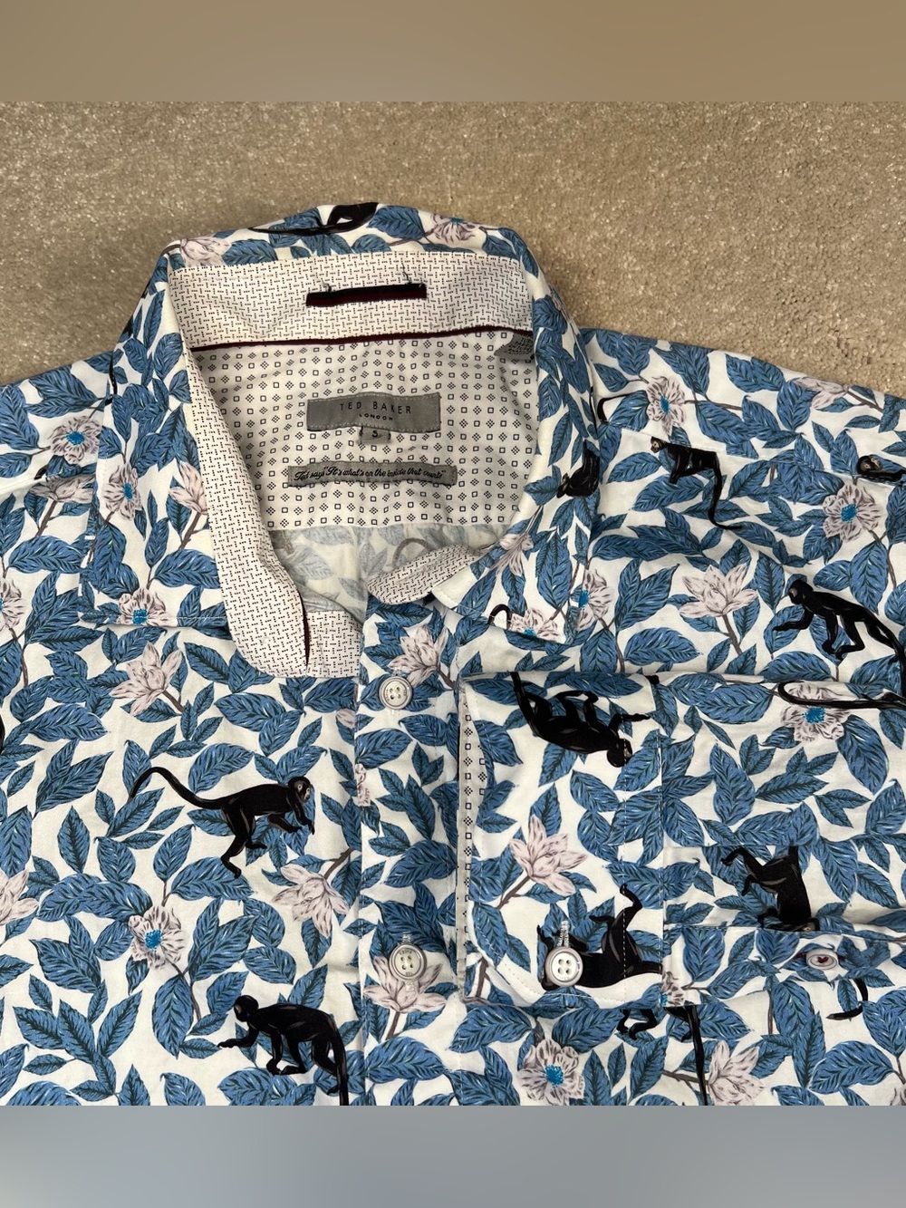 Ted Baker London Button Up Blue Floral Monkeys 100% Cotton Men's 5 XL